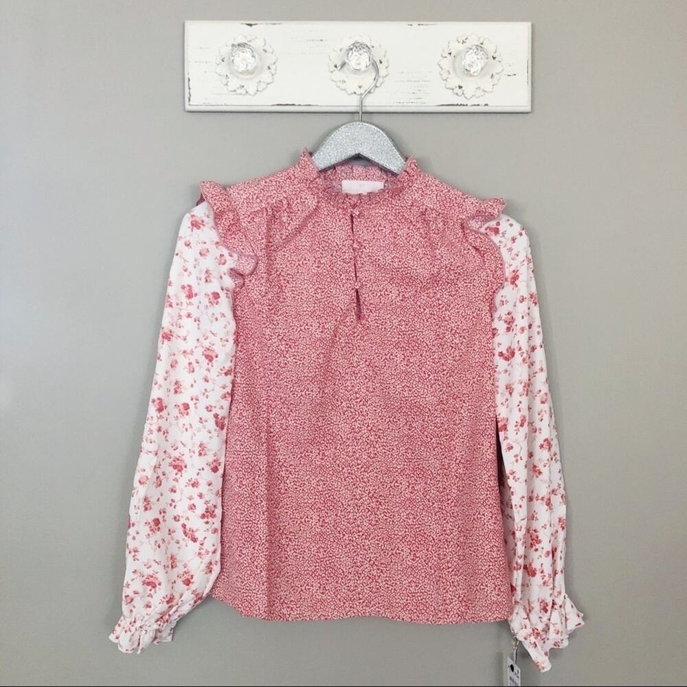 Rachel Parcell Pink Cheetah Floral Ruffle Long Sleeve Blouse NEW